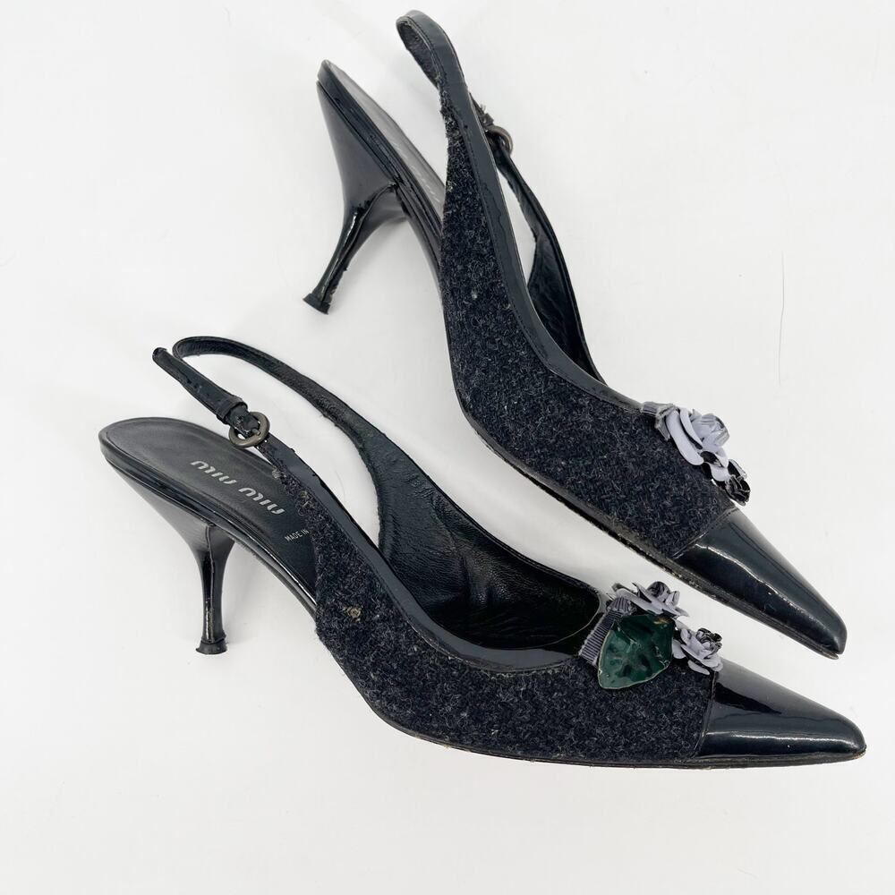 Miu Miu Vintage Wool Patent Cap Toe Floral Appliqué Slingback Heels IT 38 - Picture 3 of 13